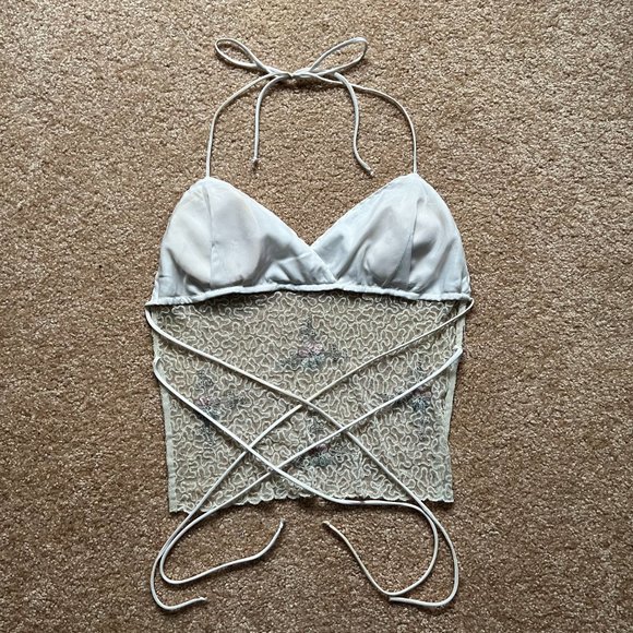 Vintage White Floral Beaded Halter Tie Open Back Top - Picture 8 of 9